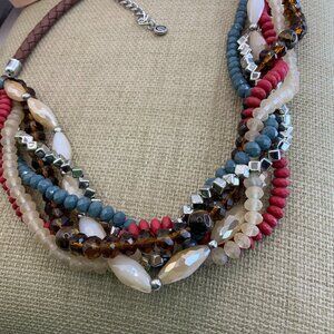 Est. 1946 Multi Strands Beaded Tiger Eye Glass Leather Cord Silver Tone Necklace